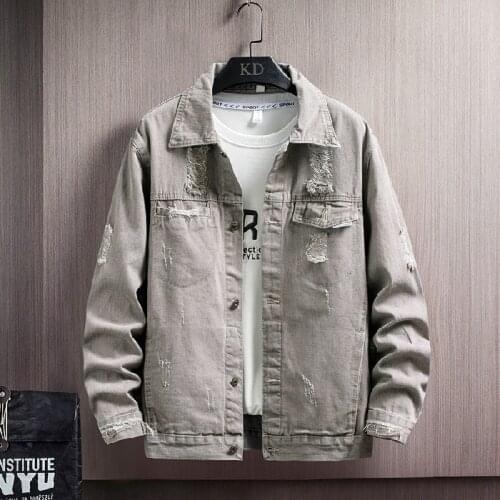 2021 Grey Black Jeans Jacket Men Slim Streetwear Ripped Denim Jacket Hoodie Men Hip Hop Bomber Jacket Homme Autumn