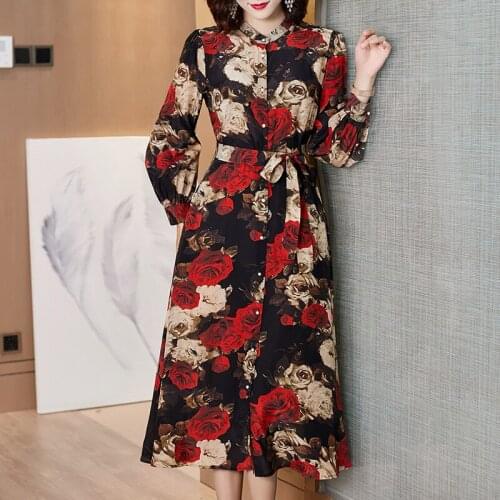 Real 2020 Spring 200% Silk Women Vintage Floral Dress Elegant Long Sleeve Ladies Dresses Midi Autumn Vestidos 2025 KJ5696