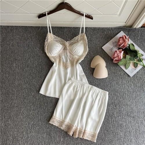 Summer New Lace Trim 2PCS Faux Silk Pajamas Suit Women Sexy V-Neck Strap Top&Shorts Nightwear Intimate Sleepwear Home Clothes