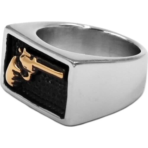 Wholesale Cool Gold Gun Biker Ring Stainless Steel Jewelry Classic United States Military Biker Gun Ring Men Finger Ring 834B
