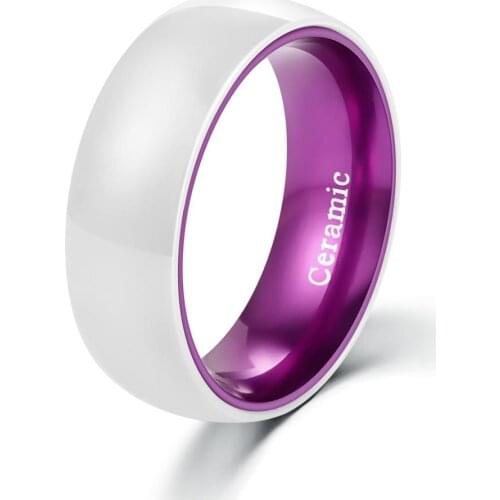 POYA White Ceramic Wedding Band for Men 8mm Purple Ring Aluminum Sleeve Inside