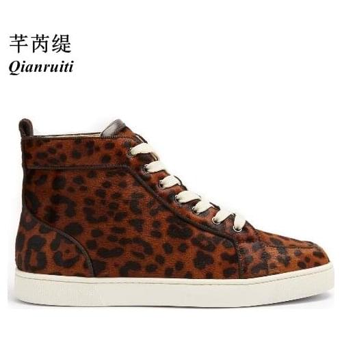 Qianruiti Mens Horsehair Sneakers Leopard Prints High Top Shoes Round Toe Flats Lace Up Shoes Men Sexy Smoking Shoes Trainers