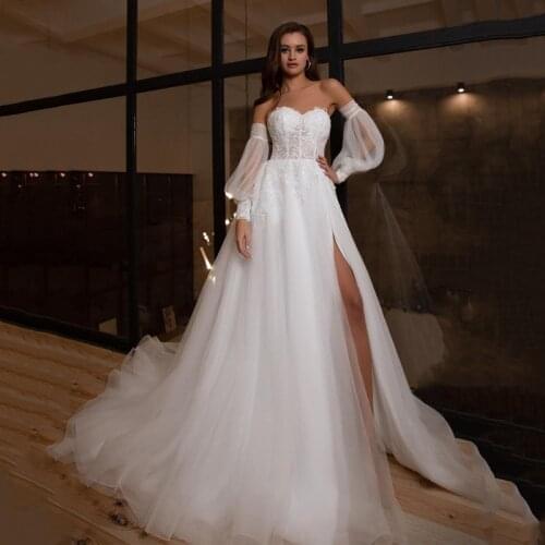 Eightree Sexy White Strapless Wedding Dress Slit Side Backless A-Line Long Sleeve Bridal Gown Long Evening Dresses Custom Size