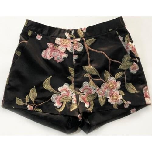 Summer Woman Clothing Vintage Embroidery Cheongsam Shorts , Casual 3xl 4xl Black Green Beige Floral Shorts for Women