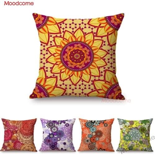Nordic Floral Geometric Mandala Pattern Sofa Decoration Pillow Case Colorful Flowers Cotton Linen Home Decor Cushion Cover Case