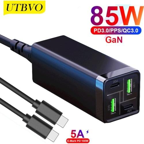 UTBVO 85W GaN Tech 4-Port Power Adapter Supply, Dual PD USB C And QC3.0 Quick Charge Desktop Charger For Xiaomi, iPhone, Samsung