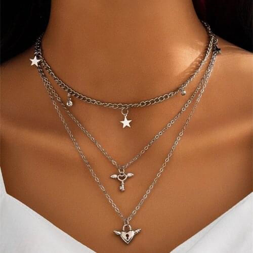 Vintage Fashion Multilayer Silver Color Star Heart-shaped Angel Lock Set Pendant Necklace For Women Boho Choker Jewelry Gift