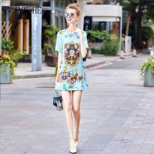 IVY HE High Quality Summer Dress Woman Clothing Fashion Cartoon Print Loose Waist Versatile Midi Dress Traf Robe Party Dresses
