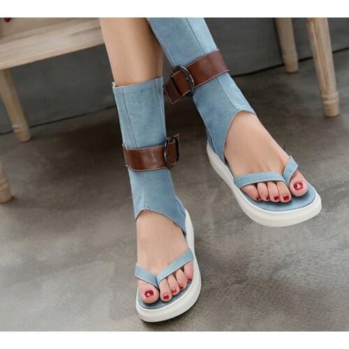 US4-11 Womens Sandals Cowboy Ankle Belt Buckle Summer Gladiator Thong Toe Denim Jeans Slingbacks Shoes Plus Size 3Colors G11
