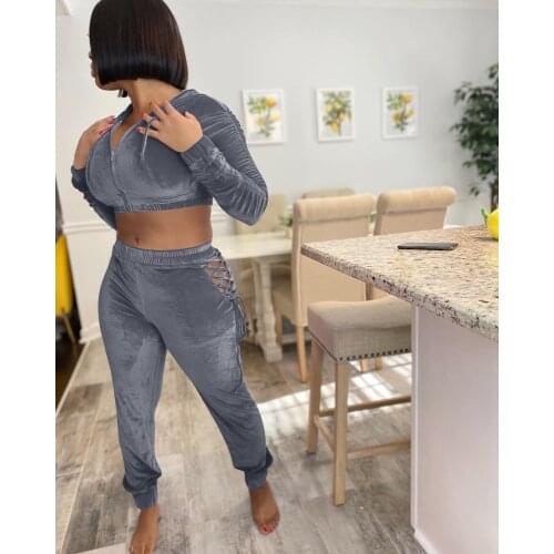 Echoine Velvet Hollow Out Lace Up Crop Top Pants Hooded Two Piece Set Tracksuit Women Sexy Skinny Weatshirt Active Streetwear