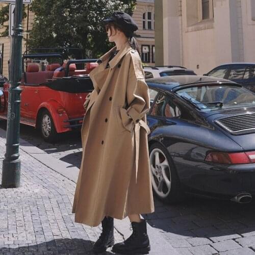 Office Lady Windbreaker Fashion Korean Style Oversized Womens Trench Coat Double-Breasted Long With Belt Spring Autumn Cloak