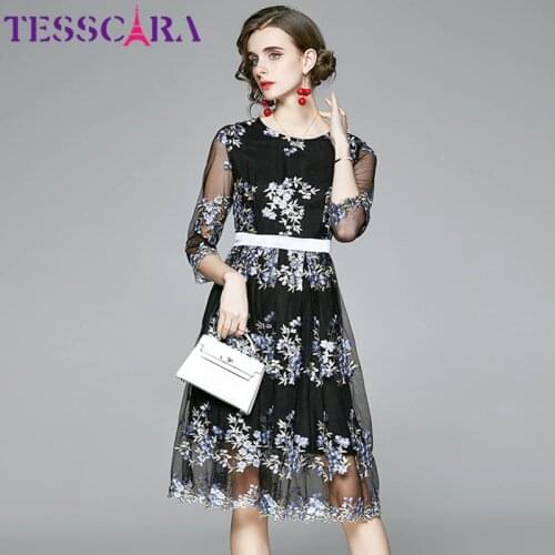 TESSCARA Women Summer Luxury Embroidery Mesh Dress Festa High Quality Elegant Cocktail Party Robe Femme Floral Designer Vestidos