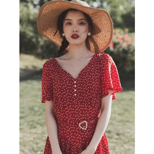 Women Chic Peach Heart V-neck Floral Dress Bohemian Red Chiffon Dolka Dot Retro Midi Dress and Beaded Love Belt