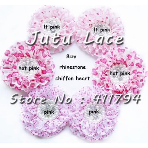 30 pcs/lot, 8cm Beaded chiffon Pearl Rhinestone shabby Chiffon heart Ruffled Flower valentines day