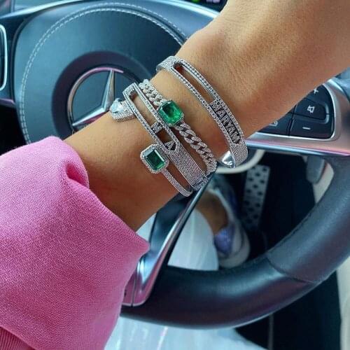 Miami Cuban Link Chain Bling CZ Bracelet 2021 Iced Out Green Baguette Big Stone Charm Hip Hop Fashion Punk bracelet Jewelry