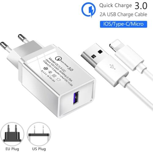 Quick Charge 3.0 USB Wall Charger Power Adapter Travel QC 3.0 Single Port USB Charger With Cable For iPhone Samsung Note 8 HTC