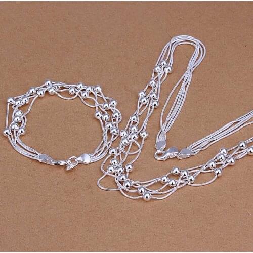 Hot sell New Beautiful Fashion silver-plated jewelry sets Five Line Of Bean necklace&Bracelet Costume Jewellery