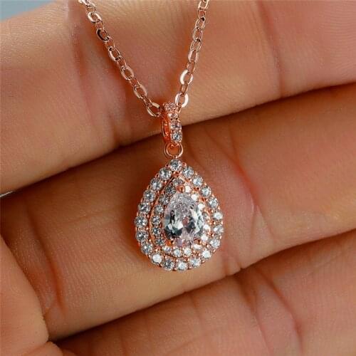 Cute Female Crystal Zircon Stone Necklace Blue Green Purple Water Drop Pendant Necklace Rose Gold Wedding Necklaces For Women