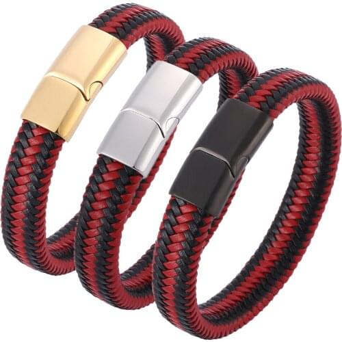 Trendy Men Jewelry Black Red Braided Leather Rope Bracelet Magnetic Buckle Bracelets Punk Men Wrist Band Pulsera Hombre