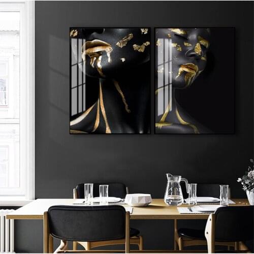Living Room HD Wall Art Ins Home Cuadros Decoracion Beautiful Golden Black Lady Golden Canvas Painting Fashion Poster Print For