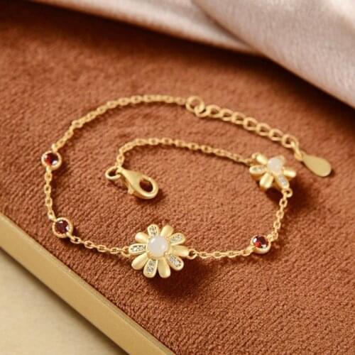 Original S925 Sterling Silver Gold Plated Hetian Jade Southern Red Agate Personality Flower Temperament Lady Light Luxury Bracel