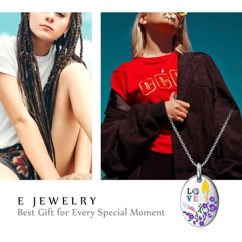 E Oval/Round Pendant Necklace 316 Stainless Steel Love Flower pattern with Rhinestone Crystal Fine Jewelry for Women