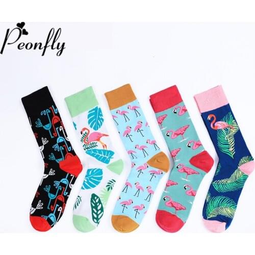 Peonfly Flamingo Funny Printed Cotton Mens Novelty Harajuku Crew Casual Happy Socks Fashion Calcetines Hombre