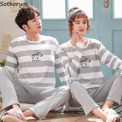 Pajama Sets Couples Long Sleeve 3XL Autumn Striped Sleepwear Printed Korean Style High Quality Trendy Womens Leisure Elegant New