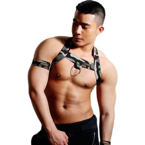 Elastic Band Harness Men Sexy Shoulder Straps Chest Bondage Muscle Halter Belt with Metal O-rings Club Party Hollow Costume