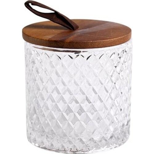 T3EC Modern Diamond Pattern Glass Jar with Wooden Lid Handle Household Coffee Storage Tank Tea Spice Clear Bottle Can Food