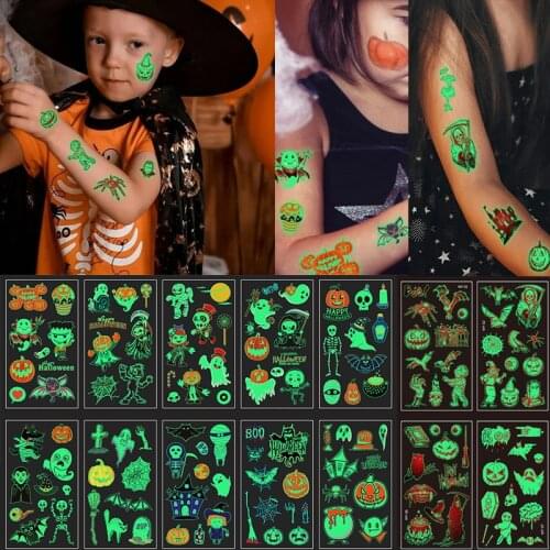 Halloween Luminous Tattoo Cartoon Pumpkin Skeleton for Kids Fake Tattoo Waterproof Temporary Body Stickers Halloween Trick props