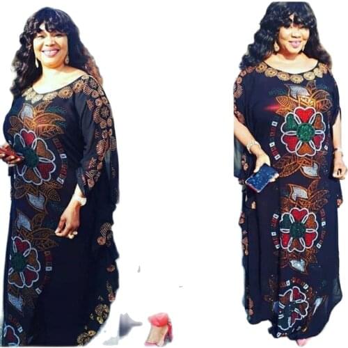 Loose New African womens clothing Dashiki Chiffon material Color full drill Long dress with orange underlining two piece set