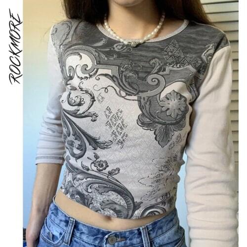 Rockmore Vintage Print Crop Top Women Fairycore Long Sleeve T-shirt Y2K Aesthetic O Neck Tee Streetwear Goth Grunge Clothes 2021