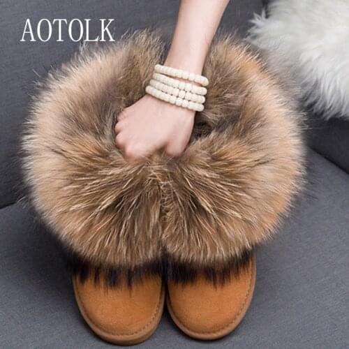 Women Boots Genuine Leather Real Fox Fur Brand Winter Shoes Warm Black Round Toe Casual Plus Size Female Snow Boots New Arrival