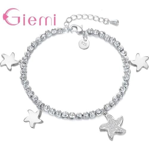 Trendy 925 Sterling Silver Glittering Round Circle Chain Link Strand Bracelets for Women Starfish Jewelry Lovely Bijoux