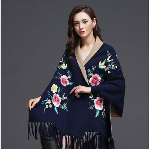 Women Scarf Oversized Winter Scarves Shawl Embroider Thick Warm Tassels Cotton Wool Blend Poncho Floral Womens Scarf Cape