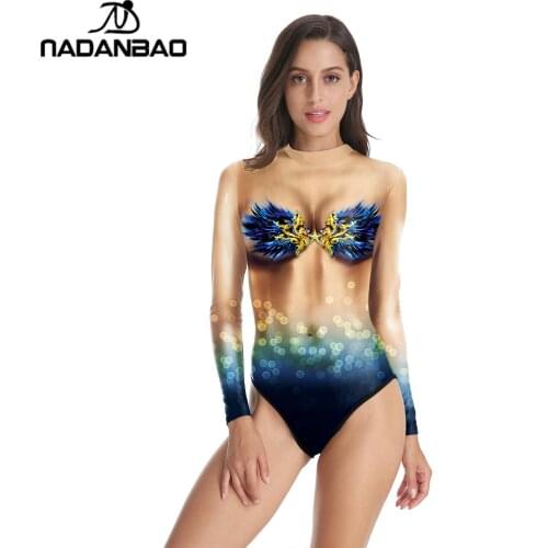 Nadanbao Sexy Womens Flesh color 3D Printed Swimsuit One Piece Long Sleeve Swimwear