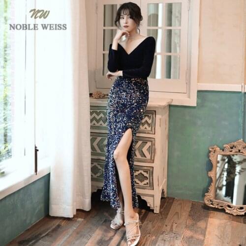 Sexy Prom Dress V-Neck Ankle-Length Mermaid Sequin Long Prom Dresses Prom Long Elegant Dresses