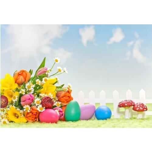 3x5ft New Spring Backdrops Easter Eggs Rose Mushroom White Fence Sky Light Children Photography Background Photography Backdrops