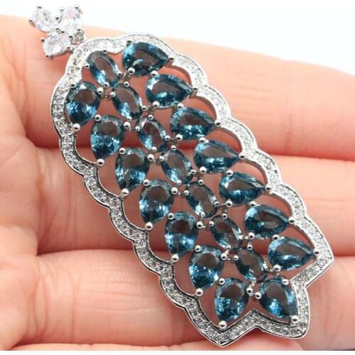 62x25mm Delicate Fine Cut Silver Pendant Created Rhodolite Garnet London Blue Topaz For Women Dating Silver Pendant Eye Catching