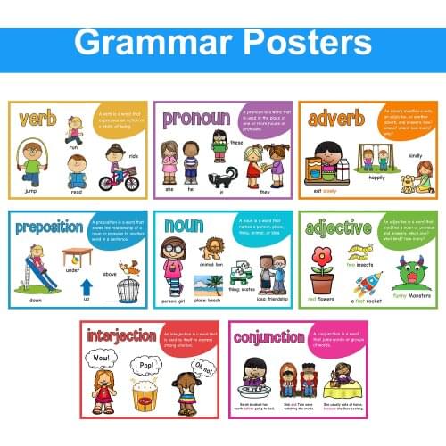8 PCS Grammar Poster English Language Arts Wall Signs Teacher Homeschool Supplies Educational Classroom Decor Decoration Posters
