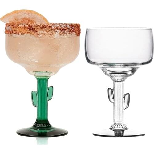 Free Shipping 2PCS Mexican Glass Margarita Saguaro Cactus Green Rim Hand Blown Set of 2