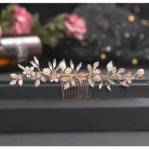 Hair Combs bridal Gold Flower Crystal Tiara Wedding Hair Jewelry Handmade Wedding Bridal Hair Comb Hair Ornaments Headpiece