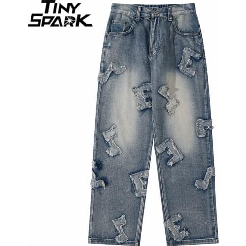 Hip Hip Denim Pants 2021 Men Streetwear Letter Ripped Denim Pants Harajuku Cotton Joggers Jeans Trousers Harem Pants Autumn