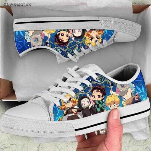 ELVISWORDS New Anime Demon Slayer Printed Classic Lace-up Sneakers for Women Ladies Low Top Vulcanized Shoes Female Casual Flats