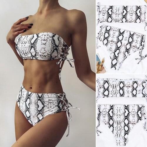 Hot kf-Serpentine 2 Piece Lace Up Swimsuit Women Sexy Bikini Set Mid Waisted Bikini