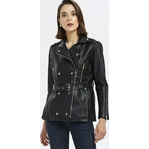 Motorcycle Pu Leather Jackets 2020 Autumn Black Leather Jacket Women Slim Long Sleeve Windbreaker Ladies Coat with Belt Short