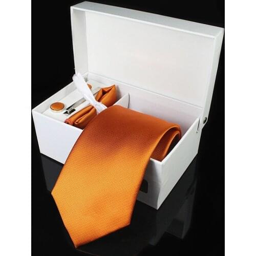 Mens Tie Silk 8cm Formal Necktie Handkerchief Cufflinks Gift box set Solid Red Yellow Ties For Man Business Wedding Gift Party