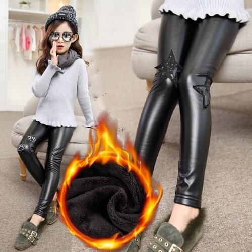2018 New Autumn and Winter School Children Korean Fashion PU Plus Cashmere Slim Girls Leather Pants Girls Trousers