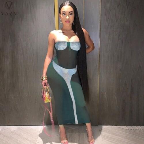 VAZN 2021 New Special See Through Lace Parity Open Young Long Dress Strapless Thin Maxi Dress High Waist Women For Evening Robe